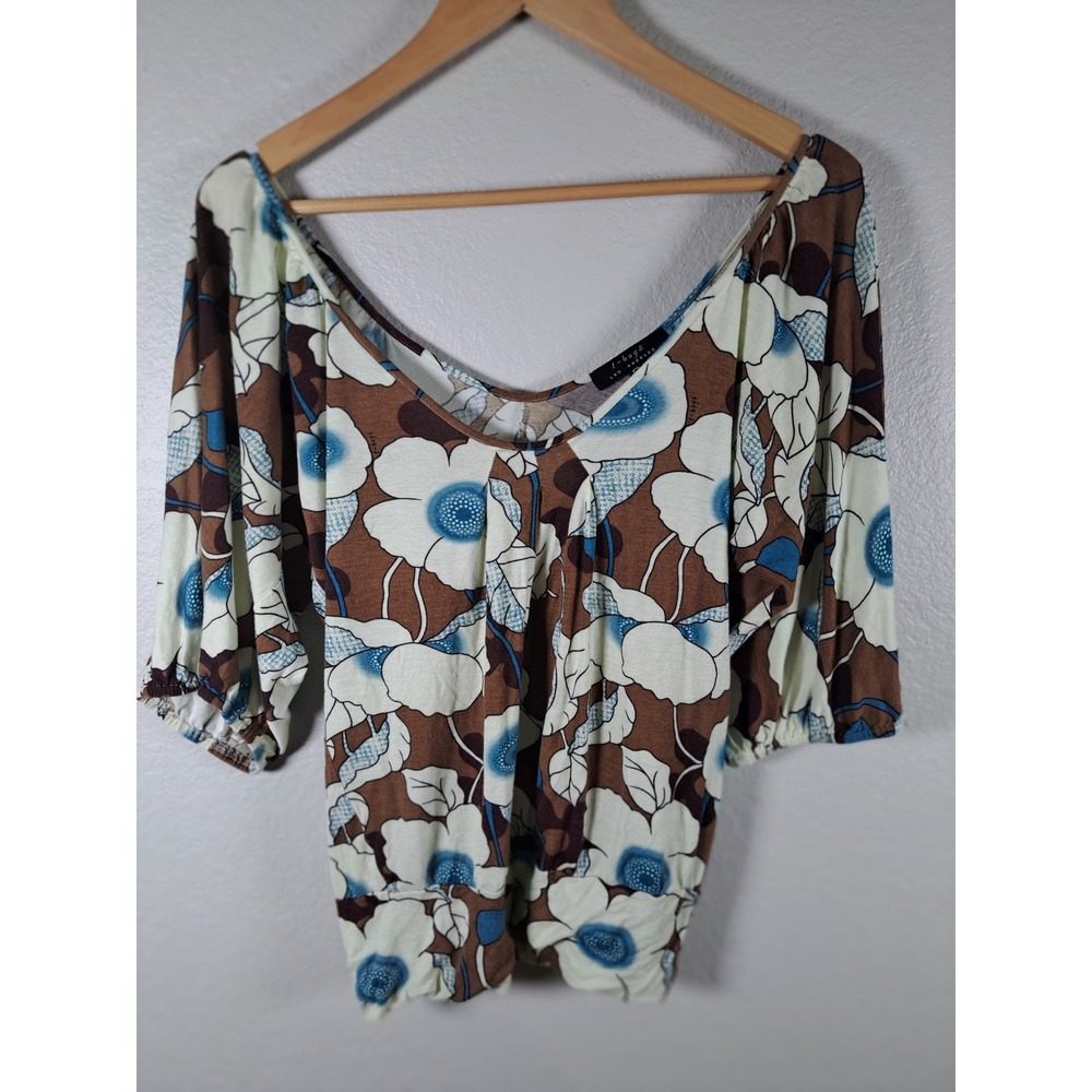 T-Bags Los Angeles Floral V-Neck Blouse Brown Blue 3/4 Sleeve Top Small